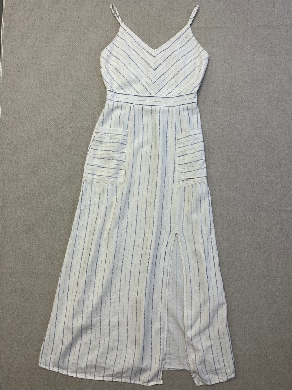 Monteau Linen Blend Striped Maxi Dress Medium Blue White Pockets Boho